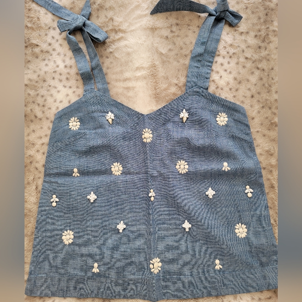 J. Crew Chambray Embellished Tie Shoulder Top, XS - Picture 8 of 13